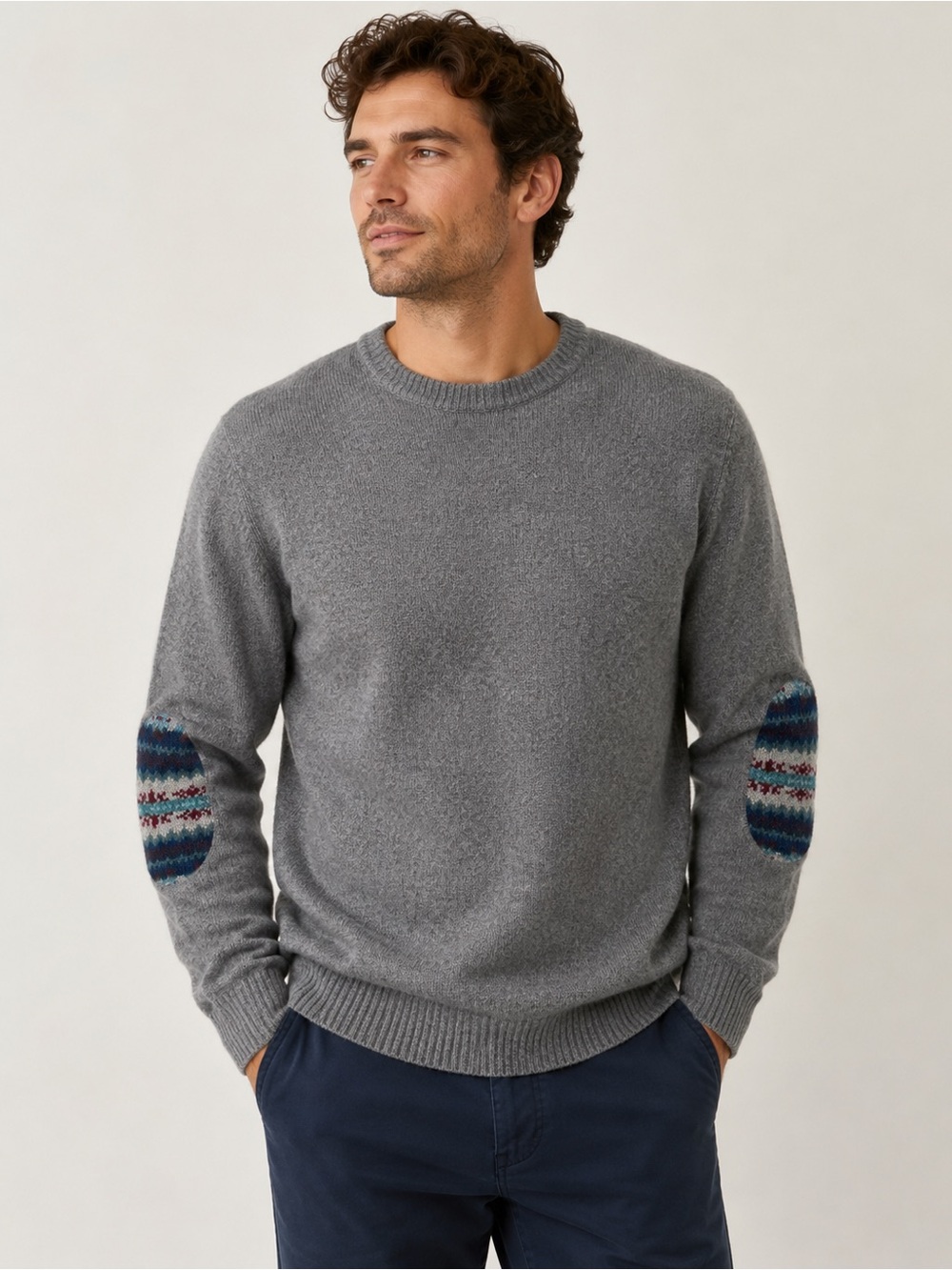 Men's Grey Crewneck Sweater with Patterned Elbow Patches